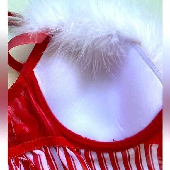 Inner Secrets Red White Stripe Feather Trim Babydoll Nightie Lingerie Sz S - Picture 6 of 12